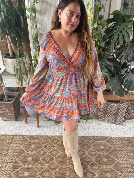 Short boho silk tiered dress w/ balloon sleeves (blue, brown, orange)