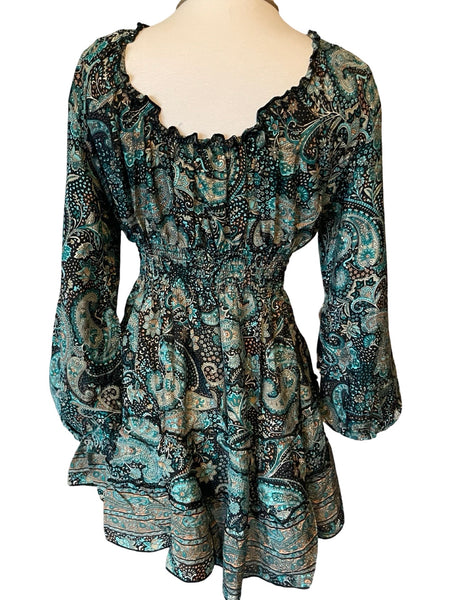 Short boho silk tiered dress w/ balloon sleeves (black n green)