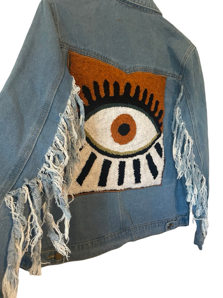 Embellished fringe denim evil eye n snake jacket