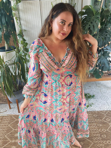 Long Sleeve Bohemian Maxi dress (pink n blue )