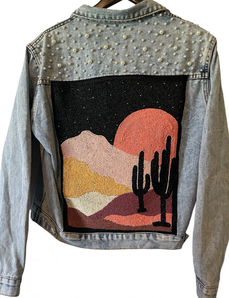 Pearl studded denim jacket with desert night patch