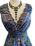 Short boho silk tiered dress (blue n brown)