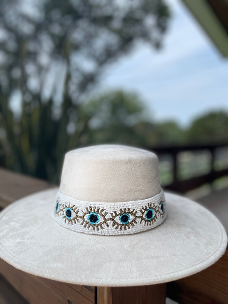 Hand beaded evil eye hat band 1.5” wide (White)