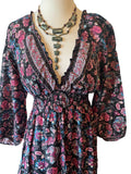 Long Sleeve Bohemian Maxi dress (black n pink)