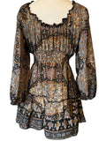 Short boho silk tiered dress w/ balloon sleeves (black n brown)