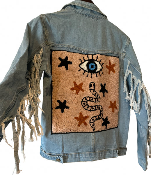 Embellished fringe denim evil eye n snake jacket