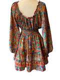 Short boho silk tiered dress w/ balloon sleeves (blue, brown, orange)