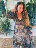 Long Sleeve Bohemian Maxi dress (Brown-Black)