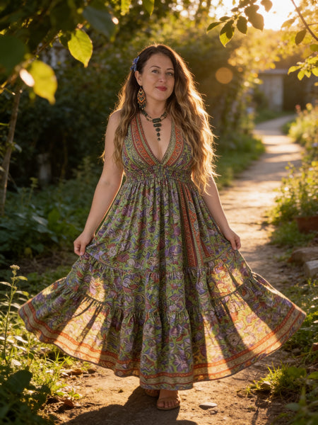 Halter Maxi Silk Dress (green n purple )