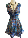 Short boho silk tiered dress (blue n brown)