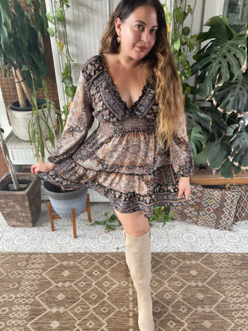 Short boho silk tiered dress w/ balloon sleeves (black n brown)