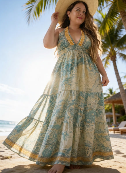 Halter Maxi Silk Dress (blue n yellow)