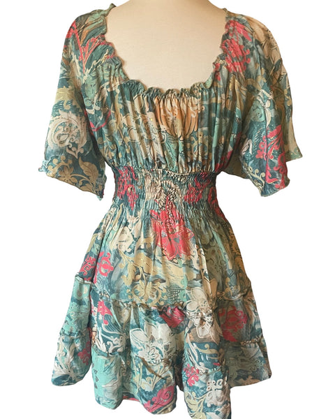 Short boho silk tiered dress (pastel)
