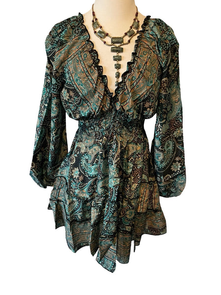 Short boho silk tiered dress w/ balloon sleeves (black n green)