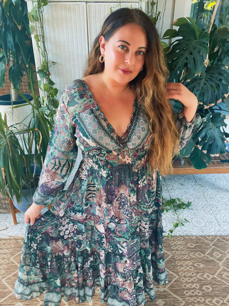 Long Sleeve Bohemian Maxi dress (green)