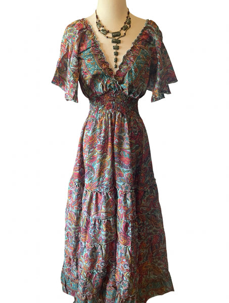 Butterfly sleeve Bohemian Maxi dress (Sky blue n pink)