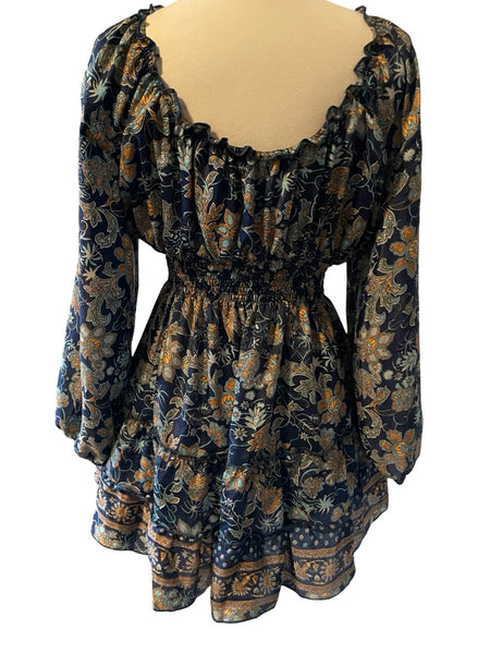 Short boho silk tiered dress w/ balloon sleeves (navy)