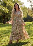 Silk Maxi dress with bell sleeves and buttons (Olive n pink)