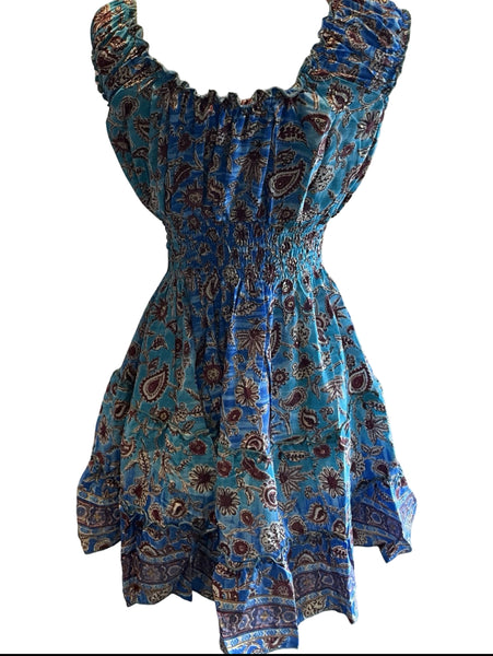 Short boho silk tiered dress (blue n brown)