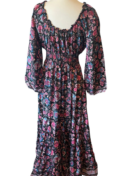 Long Sleeve Bohemian Maxi dress (black n pink)