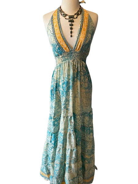 Halter Maxi Silk Dress (blue n yellow)