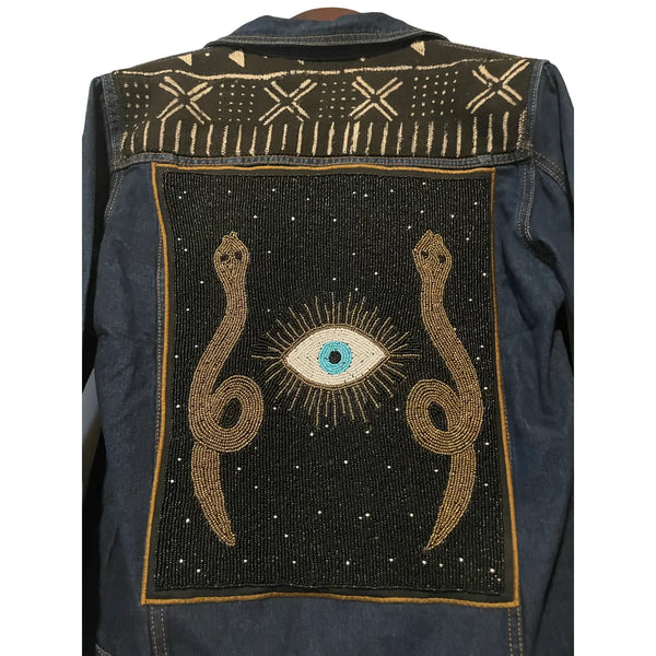 Hand beaded snake motif and evil eye denim jacket