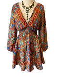 Short boho silk tiered dress w/ balloon sleeves (blue, brown, orange)