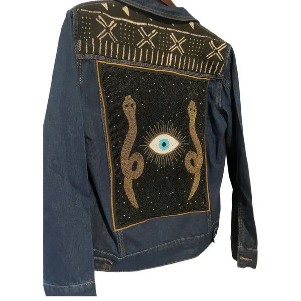 Hand beaded snake motif and evil eye denim jacket