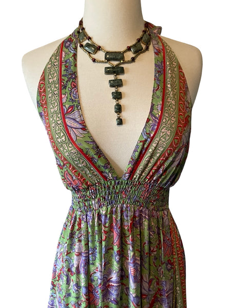 Halter Maxi Silk Dress (green n purple )