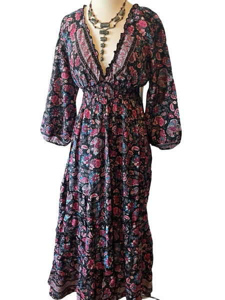 Long Sleeve Bohemian Maxi dress (black n pink)