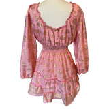 Short boho silk tiered dress w/ balloon sleeves (pink n gold)