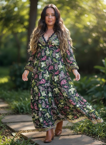 Long Sleeve Bohemian Maxi dress (green)