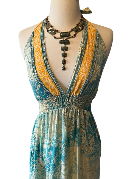 Halter Maxi Silk Dress (blue n yellow)