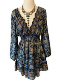 Short boho silk tiered dress w/ balloon sleeves (navy)