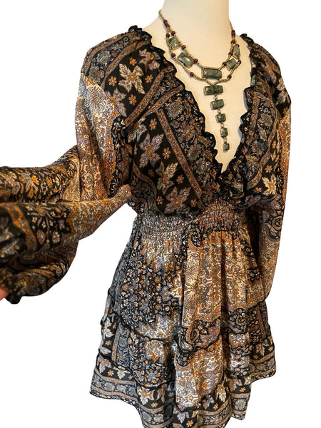 Short boho silk tiered dress w/ balloon sleeves (black n brown)