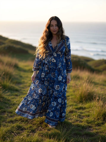 Long Sleeve Bohemian Maxi dress (blue)