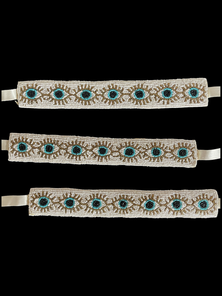 Hand beaded evil eye hat band 1.5” wide (White)