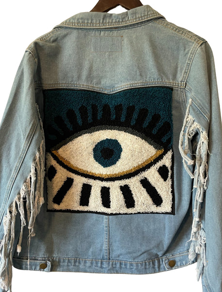Embellished fringe denim evil eye jacket