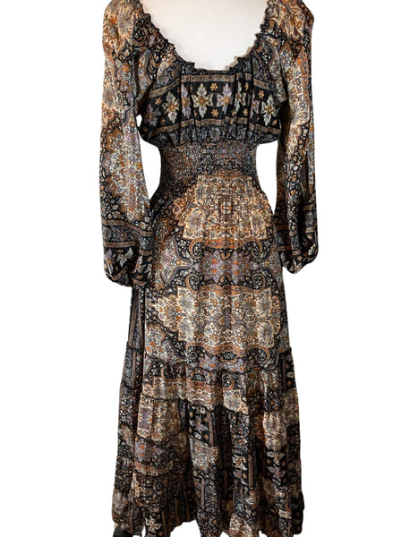 Long Sleeve Bohemian Maxi dress (Brown-Black)