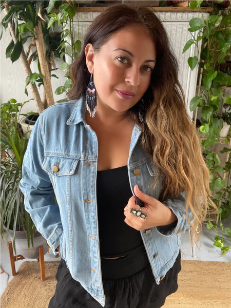 Embellished fringe denim evil eye n snake jacket (blue)