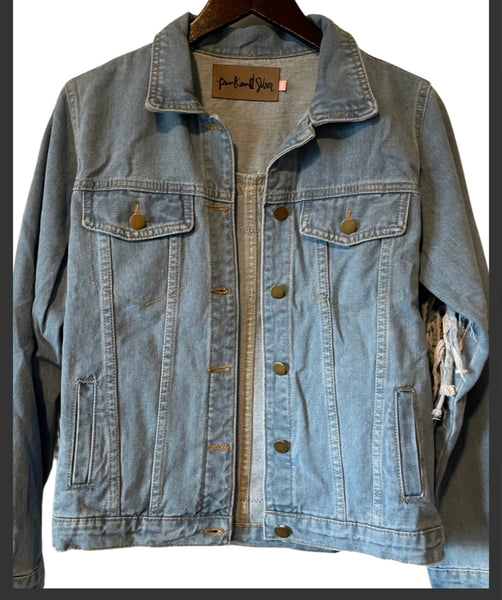 Embellished fringe denim evil eye n snake jacket (blue)