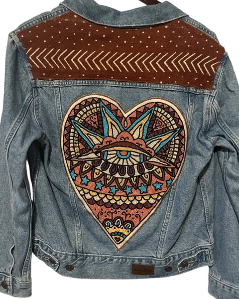 Hand Beaded Evil eye heart with African Mud Cloth