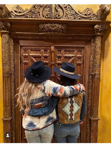 Denim jacket with added hand beaded Southwest design on African Mud cloth