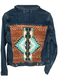 Denim jacket with added hand beaded Southwest design on African Mud cloth