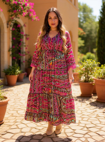 Silk Maxi dress with bell sleeves and buttons (Fuchsia)