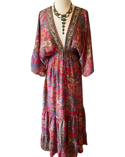 Double V-Neck Boho Maxi dress (Pink and blue)