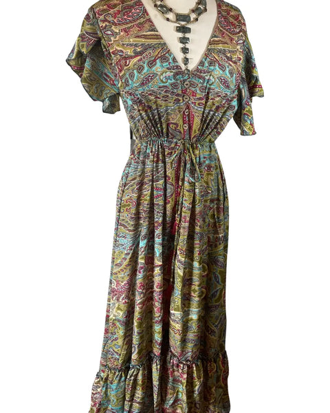 Silk Maxi Dress with butterfly sleeves (Olive)