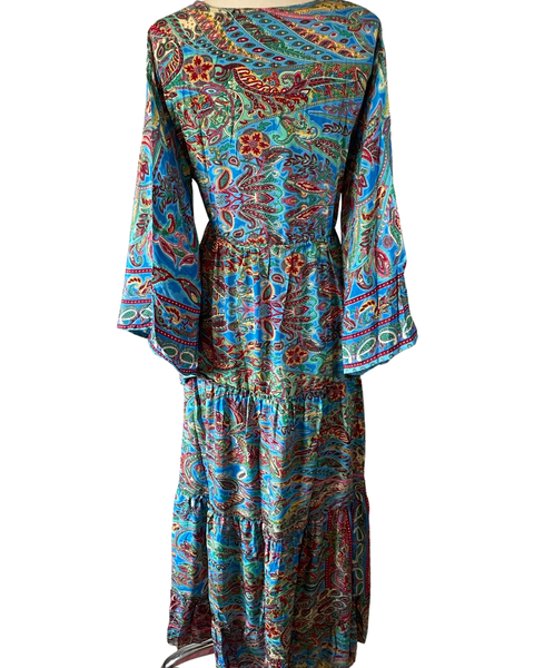 Silk Maxi dress with bell sleeves and buttons (blue n red )