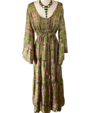 Silk Maxi dress with bell sleeves and buttons (Olive n pink)