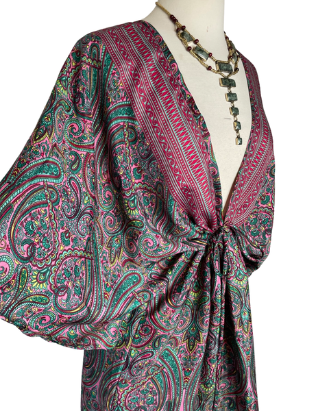 Silk kimono short  dress or tunic (Green/Pink))